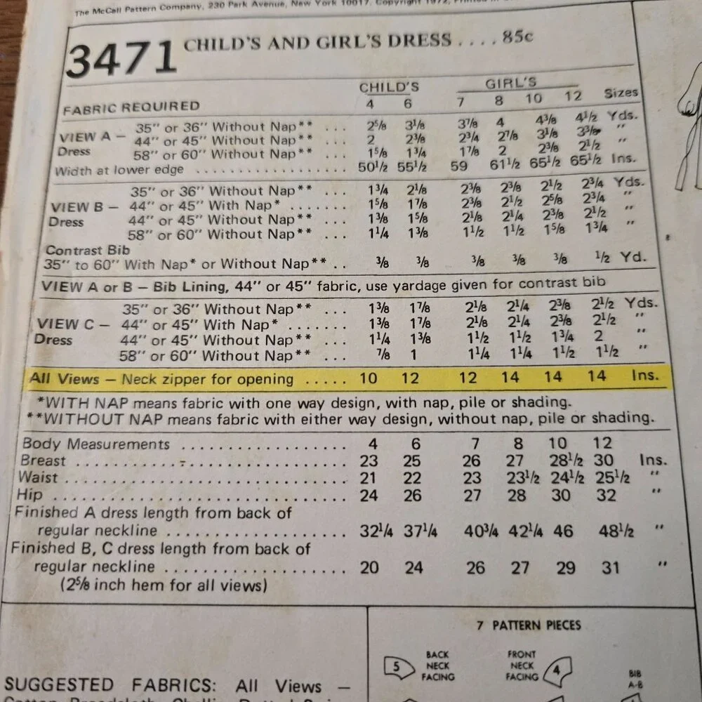 McCall's 3471; ©1972; Child's and Girl's Dress vintage sewing pattern